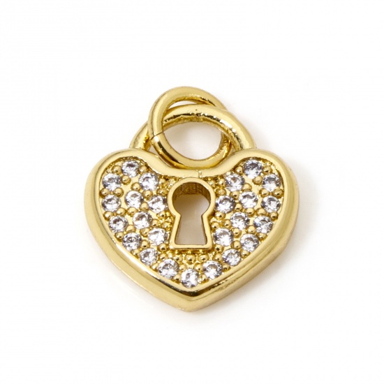 Immagine di 1 Pz Ecologico Ottone Ciondoli Serratura 18K Vero Oro Placcato Micro Spianare Trasparente Cubic Zirconiae 15mm x 11.5mm