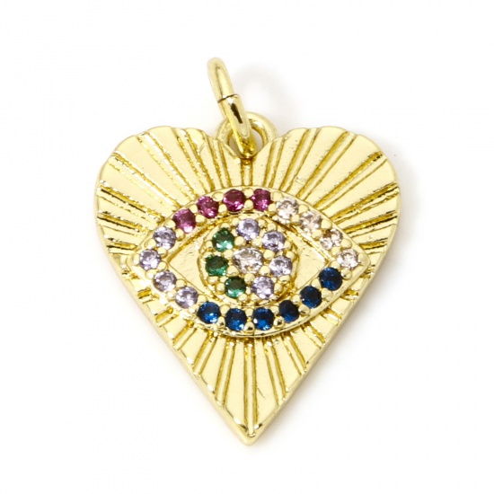 Imagen de 1 Unidad Respetuoso del Medio Ambiente Latón Colgantes Ojo 18K Oro Real Chapado Corazón Micro Pave Multicolor Circón Artificial 19mm x 14mm