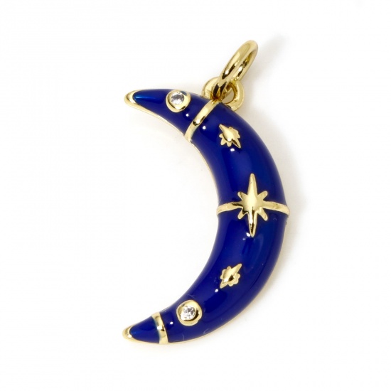 Imagen de 1 Unidad Respetuoso del Medio Ambiente Latón Galaxia Colgantes Luna Media 18K Oro Real Chapado Azul Oscuro Estrella Esmalte 23mm x 12mm