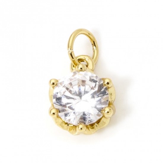 Picture of 1 Piece Eco-friendly Brass Charms 18K Real Gold Plated Round Clear Cubic Zirconia 13mm x 8mm