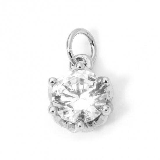 Picture of 1 Piece Eco-friendly Brass Charms Real Platinum Plated Round Clear Cubic Zirconia 13mm x 8mm