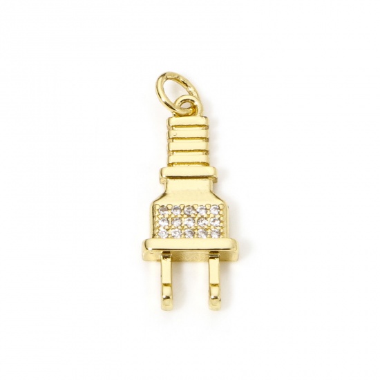 Picture of 1 Piece Eco-friendly Brass Micro Pave Charms 18K Real Gold Plated Plug Clear Cubic Zirconia 26mm x 9.5mm