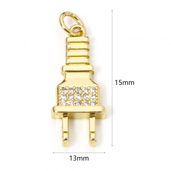 Picture of 1 Piece Eco-friendly Brass Micro Pave Charms 18K Real Gold Plated Plug Clear Cubic Zirconia 26mm x 9.5mm