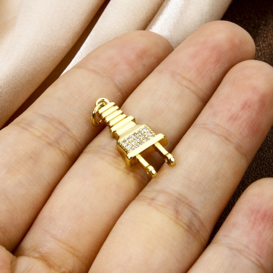 Picture of 1 Piece Eco-friendly Brass Micro Pave Charms 18K Real Gold Plated Plug Clear Cubic Zirconia 26mm x 9.5mm