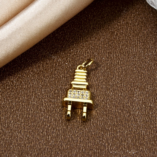 Picture of 1 Piece Eco-friendly Brass Micro Pave Charms 18K Real Gold Plated Plug Clear Cubic Zirconia 26mm x 9.5mm