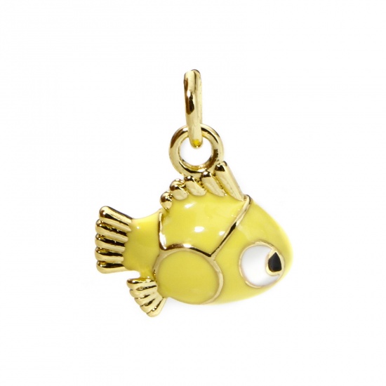 Bild von 1 Stück Umweltfreundlich Messing Ozean Schmuck Charms 18K Echtgold plattiert Gelb Fisch Emaille 15mm x 13mm