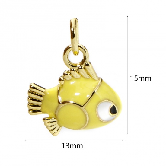 Bild von 1 Stück Umweltfreundlich Messing Ozean Schmuck Charms 18K Echtgold plattiert Gelb Fisch Emaille 15mm x 13mm