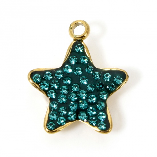 Bild von 5 Stück Umweltfreundliche PVD-Vakuumbeschichtung 304 Edelstahl Galaxis Charms Pentagramm Stern 18K Echtgold plattiert Grün Strass 15.5mm x 13mm