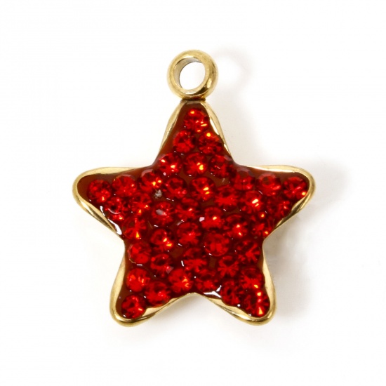 Bild von 5 Stück Umweltfreundliche PVD-Vakuumbeschichtung 304 Edelstahl Galaxis Charms Pentagramm Stern 18K Echtgold plattiert Rot Strass 15.5mm x 13mm