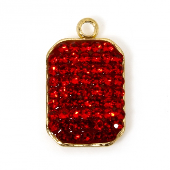 Image de 5 Pcs Breloques en 304 Acier Inoxydable Placage sous Vide PVD Respectueux de l'Environnement Géométrique Octogone Plaqué Or Véritable 18K à Strass Rouge 17mm x 10mm