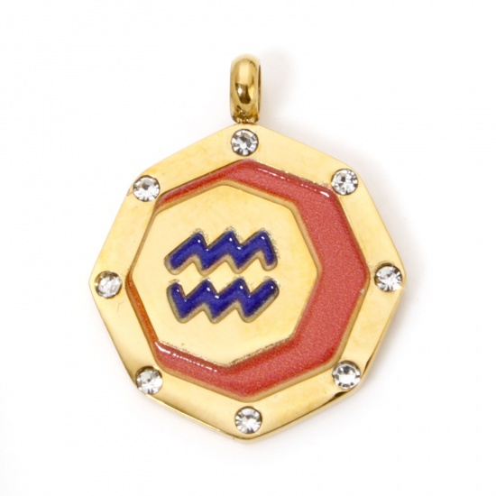 Immagine di 1 Pz Placcatura Sottovuoto PVD Ecologica 304 Acciaio Inossidabile Ciondoli Ottagono Oro Placcato Acqua Rossa Costellazione Acquario Dipinto Trasparente Strass 21mm x 17mm