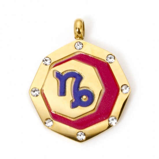 Immagine di 1 Pz Placcatura Sottovuoto PVD Ecologica 304 Acciaio Inossidabile Ciondoli Ottagono Oro Placcato Colore Fuscia Costellazione Capricorno Dipinto Trasparente Strass 21mm x 17mm