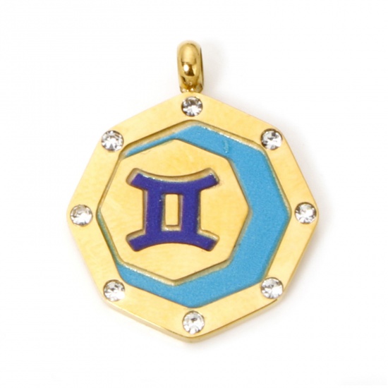 Immagine di 1 Pz Placcatura Sottovuoto PVD Ecologica 304 Acciaio Inossidabile Ciondoli Ottagono Oro Placcato Azzurro Costellazione Gemelli Dipinto Trasparente Strass 21mm x 17mm