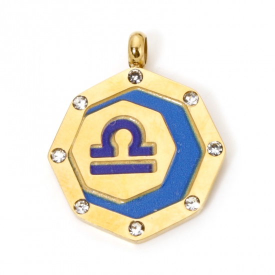 Immagine di 1 Pz Placcatura Sottovuoto PVD Ecologica 304 Acciaio Inossidabile Ciondoli Ottagono Oro Placcato Blu Costellazione Libra Dipinto Trasparente Strass 21mm x 17mm