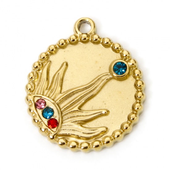 Image de 2 Pcs Breloques en 304 Acier Inoxydable Placage sous Vide PVD Respectueux de l'Environnement Galaxie Rond Plaqué Or Véritable 18K Soleil à Strass Coloré 21mm x 18mm
