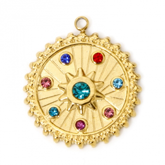 Image de 2 Pcs Breloques en 304 Acier Inoxydable Placage sous Vide PVD Respectueux de l'Environnement Galaxie Rond Plaqué Or Véritable 18K Etoile à Strass Coloré 21mm x 19mm