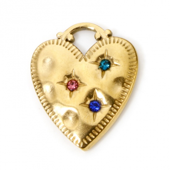 Image de 2 Pcs Breloques en 304 Acier Inoxydable Placage sous Vide PVD Respectueux de l'Environnement Galaxie Cœur Plaqué Or Véritable 18K Etoile à Strass Coloré 20mm x 17mm