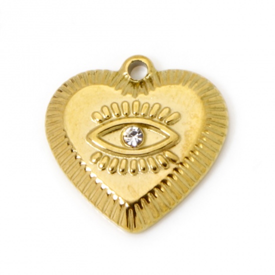 Picture of 2 PCs Eco-friendly PVD Vacuum Plating 304 Stainless Steel Religious Charms 18K Real Gold Plated Heart Eye of Providence/ All-seeing Eye Clear Rhinestone 16mm x 16mm