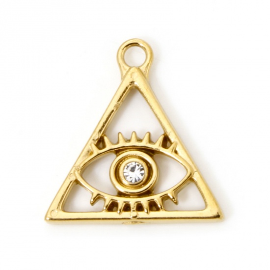 Picture of 2 PCs Eco-friendly PVD Vacuum Plating 304 Stainless Steel Religious Charms 18K Real Gold Plated Triangle Eye Clear Rhinestone 18mm x 17mm