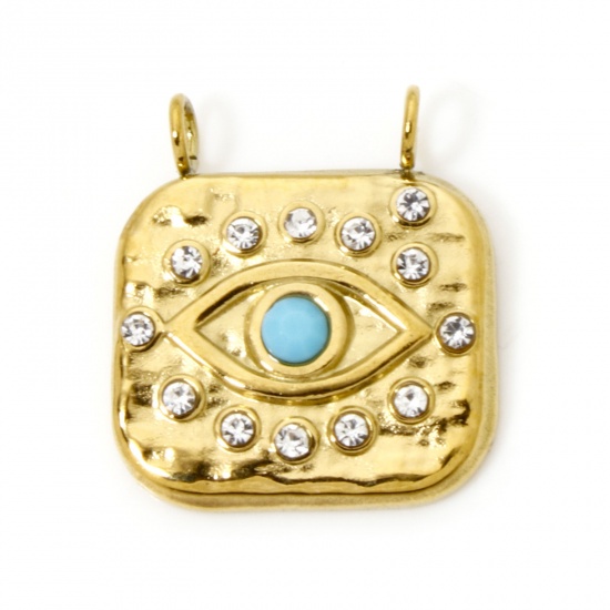 Picture of 2 PCs Eco-friendly PVD Vacuum Plating 304 Stainless Steel Religious Charms 18K Real Gold Plated Rectangle Eye Blue Rhinestone 19.5mm x 18mm