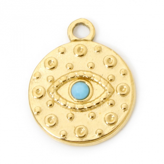 Picture of 2 PCs Eco-friendly PVD Vacuum Plating 304 Stainless Steel Religious Disc Charms 18K Real Gold Plated Round Eye Blue Rhinestone 19mm x 15mm