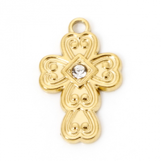 Picture of 2 PCs Eco-friendly PVD Vacuum Plating 304 Stainless Steel Religious Charms 18K Real Gold Plated Cross Heart Clear Rhinestone 21mm x 13mm