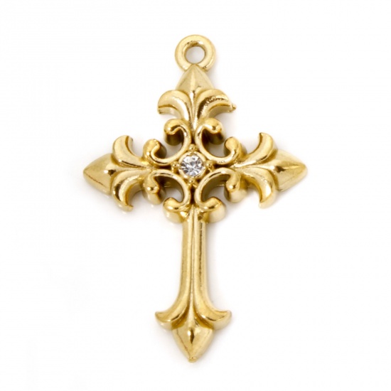 Picture of 2 PCs Eco-friendly PVD Vacuum Plating 304 Stainless Steel Religious Charms 18K Real Gold Plated Cross Clear Rhinestone 28mm x 19mm