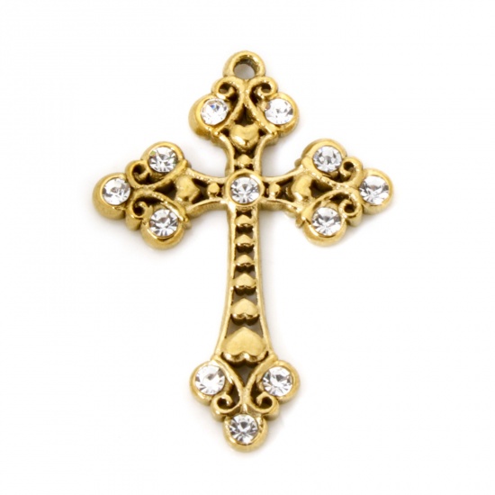 Picture of 2 PCs Eco-friendly PVD Vacuum Plating 304 Stainless Steel Religious Charms 18K Real Gold Plated Cross Clear Rhinestone 28mm x 21mm