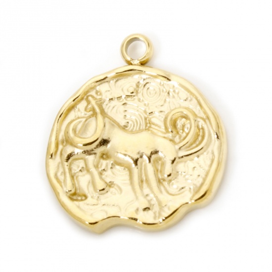 Bild von 1 Stück Umweltfreundliche PVD-Vakuumbeschichtung 304 Edelstahl Charms Rund 14K Echtgold plattiert Sternbild Steinbock 18mm x 15mm