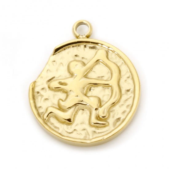 Bild von 1 Stück Umweltfreundliche PVD-Vakuumbeschichtung 304 Edelstahl Charms Rund 14K Echtgold plattiert Sternbild Schütze 18mm x 15mm