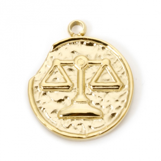 Bild von 1 Stück Umweltfreundliche PVD-Vakuumbeschichtung 304 Edelstahl Charms Rund 14K Echtgold plattiert Sternbild Waage 18mm x 15mm