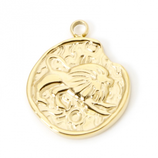 Bild von 1 Stück Umweltfreundliche PVD-Vakuumbeschichtung 304 Edelstahl Charms Rund 14K Echtgold plattiert Sternbild Löwe 18mm x 15mm