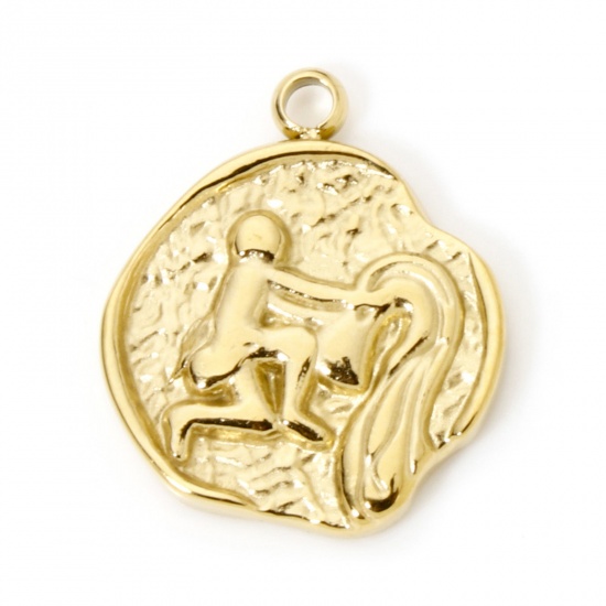 Bild von 1 Stück Umweltfreundliche PVD-Vakuumbeschichtung 304 Edelstahl Charms Rund 14K Echtgold plattiert Sternbild Wassermann 18mm x 15mm
