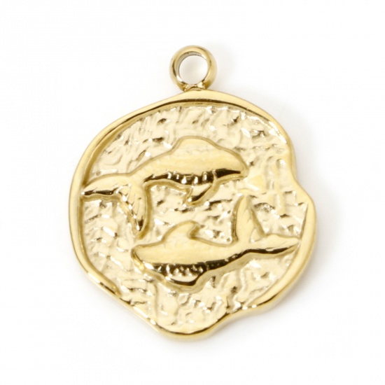 Bild von 1 Stück Umweltfreundliche PVD-Vakuumbeschichtung 304 Edelstahl Charms Rund 14K Echtgold plattiert Sternbild Fische 18mm x 15mm