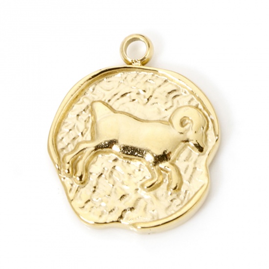 Bild von 1 Stück Umweltfreundliche PVD-Vakuumbeschichtung 304 Edelstahl Charms Rund 14K Echtgold plattiert Sternbild Widder 18mm x 15mm