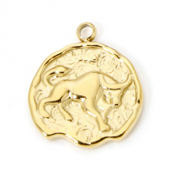 Bild von 1 Stück Umweltfreundliche PVD-Vakuumbeschichtung 304 Edelstahl Charms Rund 14K Echtgold plattiert Sternbild Stier 18mm x 15mm