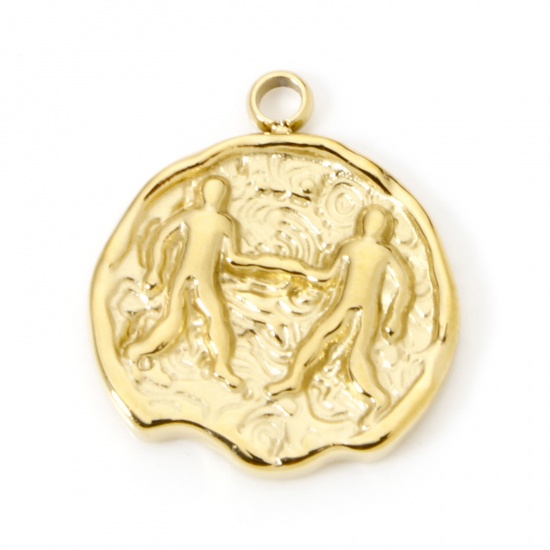 Bild von 1 Stück Umweltfreundliche PVD-Vakuumbeschichtung 304 Edelstahl Charms Rund 14K Echtgold plattiert Sternbild Zwillinge 18mm x 15mm