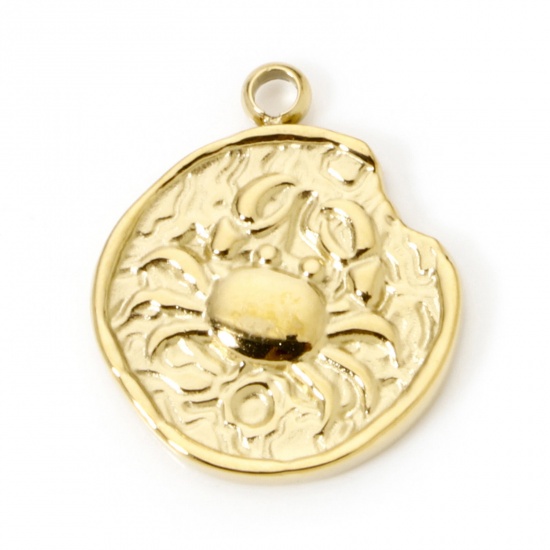 Bild von 1 Stück Umweltfreundliche PVD-Vakuumbeschichtung 304 Edelstahl Charms Rund 14K Echtgold plattiert Sternbild Krebs 18mm x 15mm