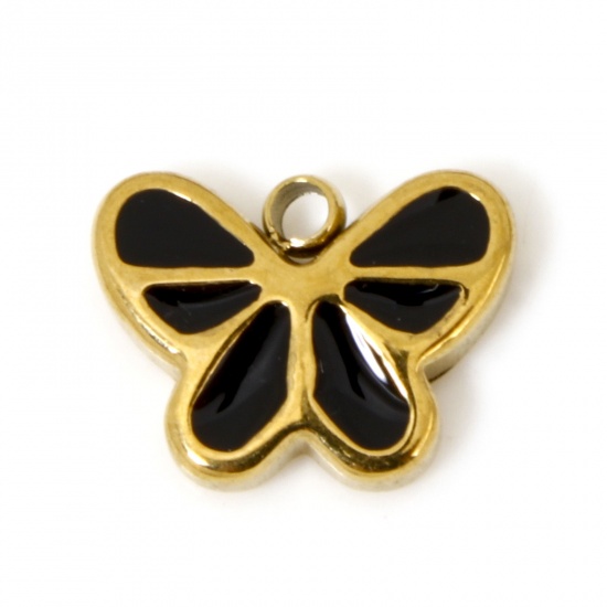 Imagen de 1 Unidad Recubrimiento al Vacío PVD Ecológico 304 Acero Inoxidable Insecto Colgantes Mariposa 14K Oro Real Chapado Negro Esmalte 9.5mm x 7mm