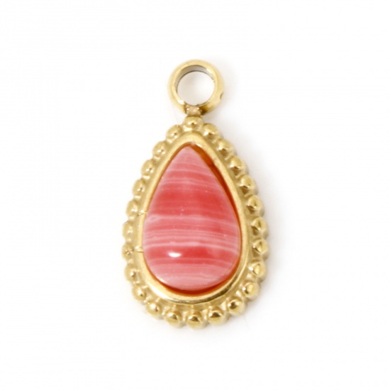 Immagine di 1 Pz Placcatura Sottovuoto PVD Ecologica 304 Acciaio Inossidabile Ciondoli Goccia 14K Vero Oro Placcato Rosa Con Cabochon di Gemma Sintetica 12mm x 6mm
