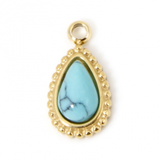 Immagine di 1 Pz Placcatura Sottovuoto PVD Ecologica 304 Acciaio Inossidabile Ciondoli Goccia 14K Vero Oro Placcato Blu Con Cabochon di Gemma Sintetica 12mm x 6mm