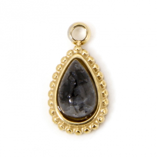 Immagine di 1 Pz Placcatura Sottovuoto PVD Ecologica 304 Acciaio Inossidabile Ciondoli Goccia 14K Vero Oro Placcato Nero Con Cabochon di Gemma Sintetica 12mm x 6mm