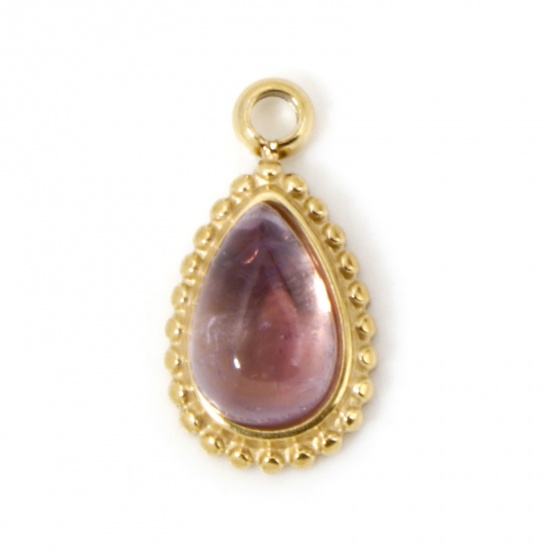 Immagine di 1 Pz Placcatura Sottovuoto PVD Ecologica 304 Acciaio Inossidabile Ciondoli Goccia 14K Vero Oro Placcato Colore Viola Con Cabochon di Gemma Sintetica 12mm x 6mm