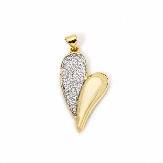 Immagine di 1 Pz Ottone San Valentino Ciondoli Pendenti Cuore Argento e Placcato Oro 18K Doppio Colore Micro Spianare Trasparente Cubic Zirconiae 3.5cm x 1.7cm