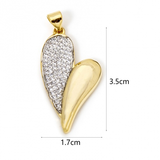 Immagine di 1 Pz Ottone San Valentino Ciondoli Pendenti Cuore Argento e Placcato Oro 18K Doppio Colore Micro Spianare Trasparente Cubic Zirconiae 3.5cm x 1.7cm