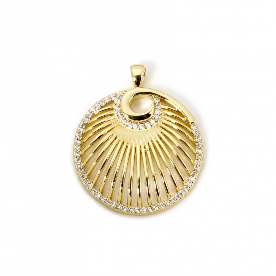 Immagine di 1 Pz Ottone Micro Intarsio Ciondoli Pendenti Tondo Placcato Oro 18K Raggi del Sole Filigrana Trasparente Cubic Zirconiae 3.1cm x 2.6cm
