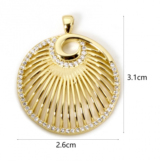 Immagine di 1 Pz Ottone Micro Intarsio Ciondoli Pendenti Tondo Placcato Oro 18K Raggi del Sole Filigrana Trasparente Cubic Zirconiae 3.1cm x 2.6cm
