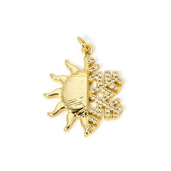 Picture of 1 Piece Brass Weather Collection Pendants 18K Gold Plated Sun Snowflake Micro Pave Clear Cubic Zirconia 3cm x 2.2cm
