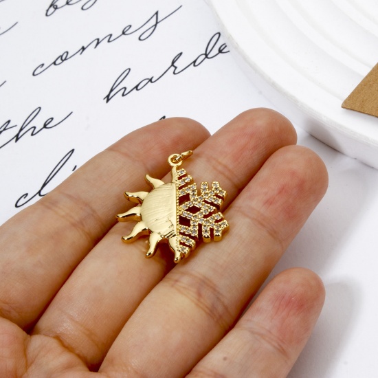 Picture of 1 Piece Brass Weather Collection Pendants 18K Gold Plated Sun Snowflake Micro Pave Clear Cubic Zirconia 3cm x 2.2cm