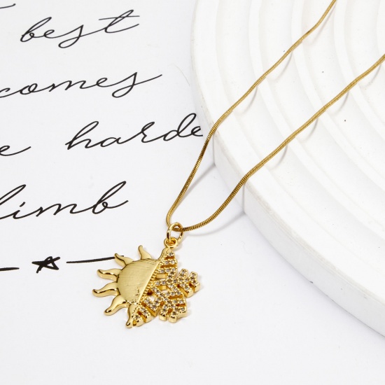 Picture of 1 Piece Brass Weather Collection Pendants 18K Gold Plated Sun Snowflake Micro Pave Clear Cubic Zirconia 3cm x 2.2cm